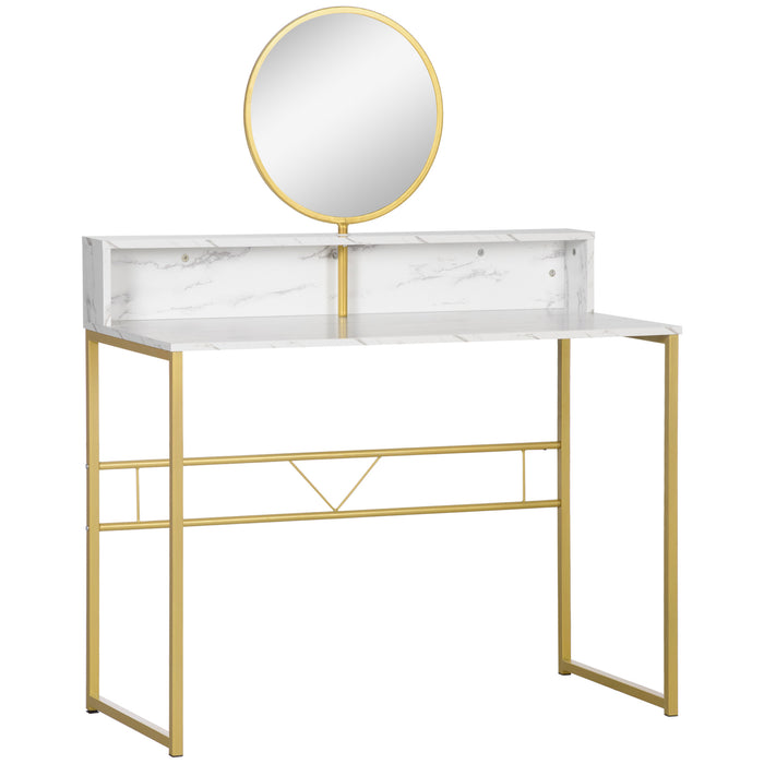 Modern Round Mirror Vanity Desk - Faux Marble Dressing Table with Open Storage and Steel Frame - Elegant Makeup Station for Bedroom, White