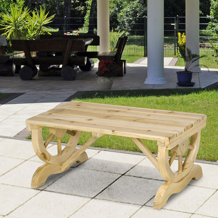 Rustic 2-Person Garden Bench with Wheel-Shaped Legs - Wooden Slatted Seating for Outdoor, Patio Use - Charming Natural Wood Effect Perfect for Couples