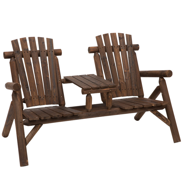 Outdoor Wooden Loveseat Bench - 2-Seat Patio Chair with Integrated Center Coffee Table, Carbonized Finish - Ideal for Garden Relaxation & Backyard Lounging