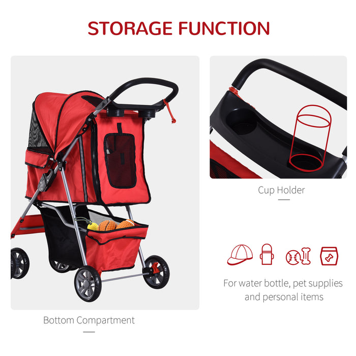 Foldable Pet Stroller for Small Dogs and Cats - Zipper Entry, Travel Carriage with Wheels, Lightweight - Ideal for Pet Transport and Mobility in Red