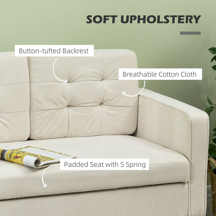 Compact Modern Loveseat - 2-Seater Tufted Cotton Sofa with Hidden Storage, 117cm, Cream White with Wood Legs - Ideal for Small Spaces and Cozy Corners