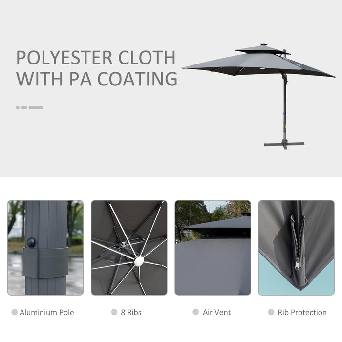 3M Cantilever Parasol - Solar LED Lighted Offset Patio Umbrella with Tilt and Crank, Hanging Sun Shade Canopy, Cross Base - Ideal for Outdoor Relaxation and Nighttime Ambiance