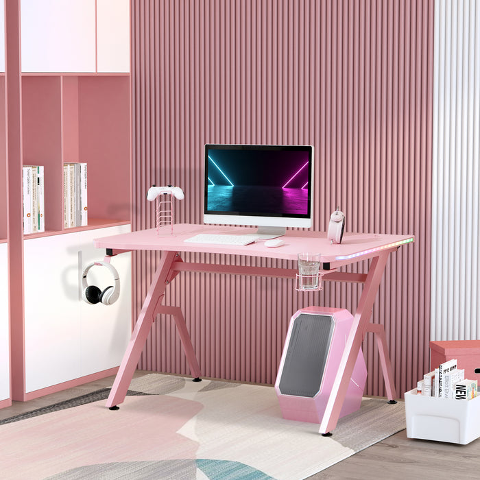 Ergonomic Racing Gaming Desk with RGB LED Lighting - Pink Home Office Computer Workstation with Controller Rack and Cable Management - Designed for Gamers and Streamlined Workspace