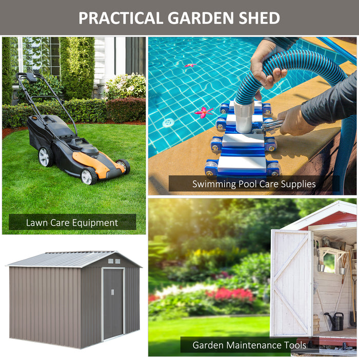 Metal Garden Storage Shed 9x6 ft - Sloped Roof, Double Door, Ventilation, with Foundation - Outdoor Tool House, Grey, Protects Equipment and Tools