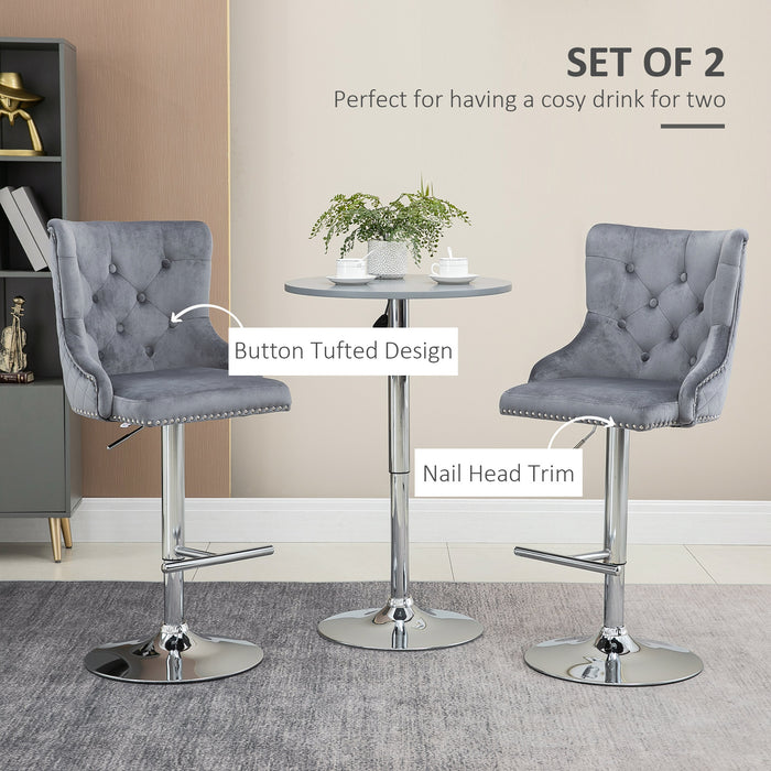 Adjustable Swivel Velvet Barstools Pair - Contemporary Tufted Back with Nailhead Trim and Footrest - Elegant Seating for Home Bar, Grey