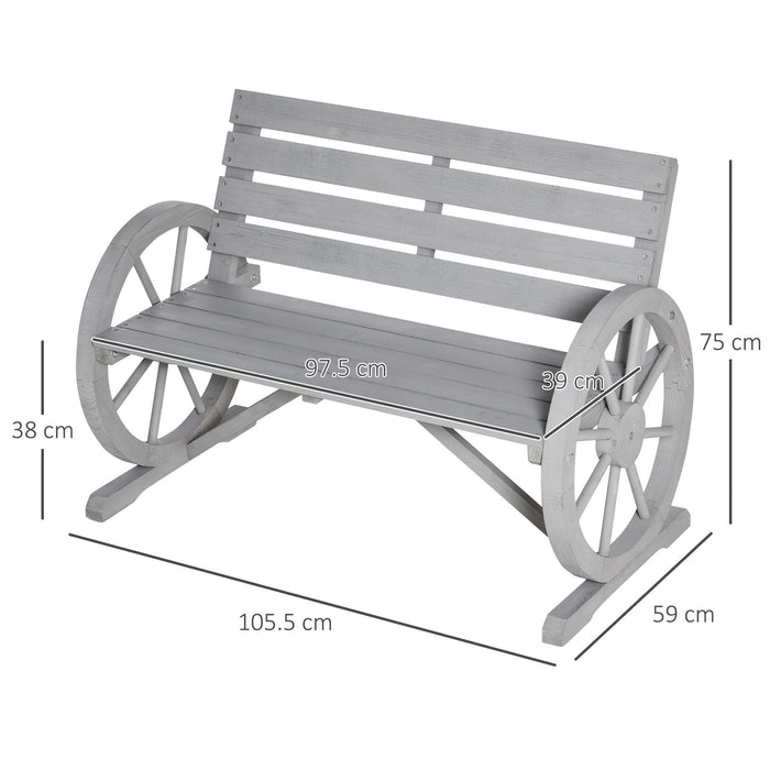 Outdoor 2-Seater Garden Bench with Cart Wagon Wheel Design - Rustic Wooden Armrest Chair, High Back in Grey - Ideal for Patio and Garden Relaxation