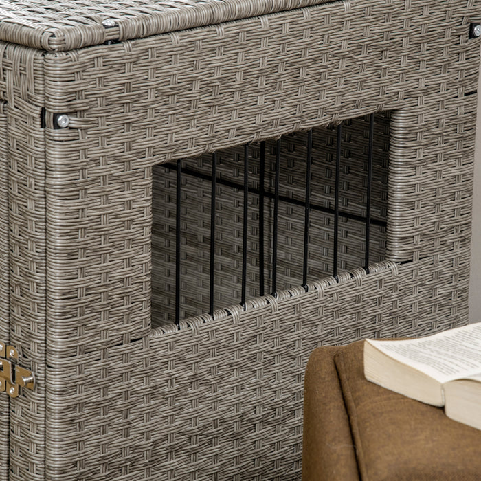 Wicker Dog Cage with Lockable Door - Comfy Small Dog Crate with Soft Washable Cushion, 62x59x66cm - Ideal for Secure & Comfortable Pet Housing, Grey