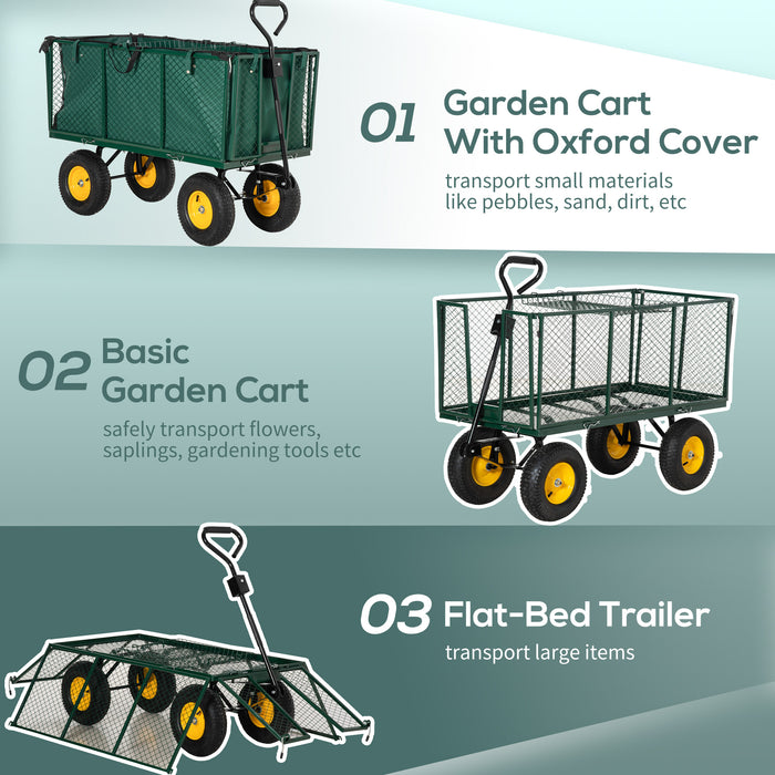 Heavy Duty Garden Trolley Cart with 4 Large Wheels - Durable Metal Frame Wheelbarrow with Handle, Green - Ideal for Gardening and Landscaping Transport Tasks