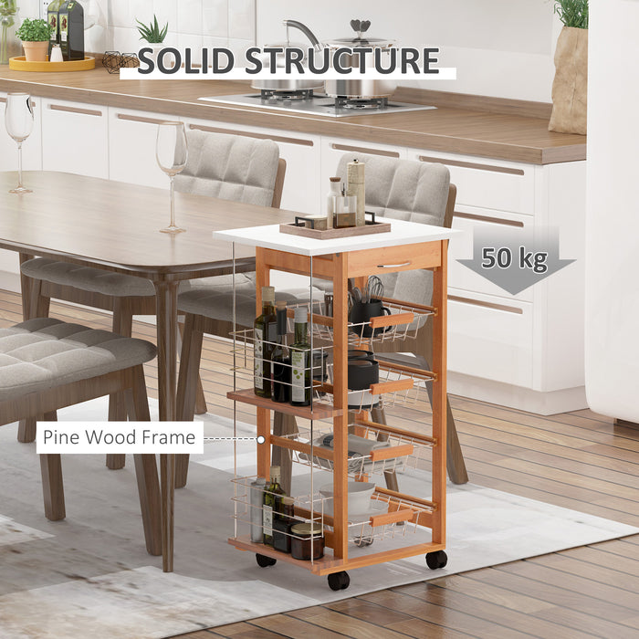 Kitchen Storage Organizer Trolley - 4-Tier Utility Cart with Basket Drawers & Side Racks - Mobile Serving Solution for Dining Room