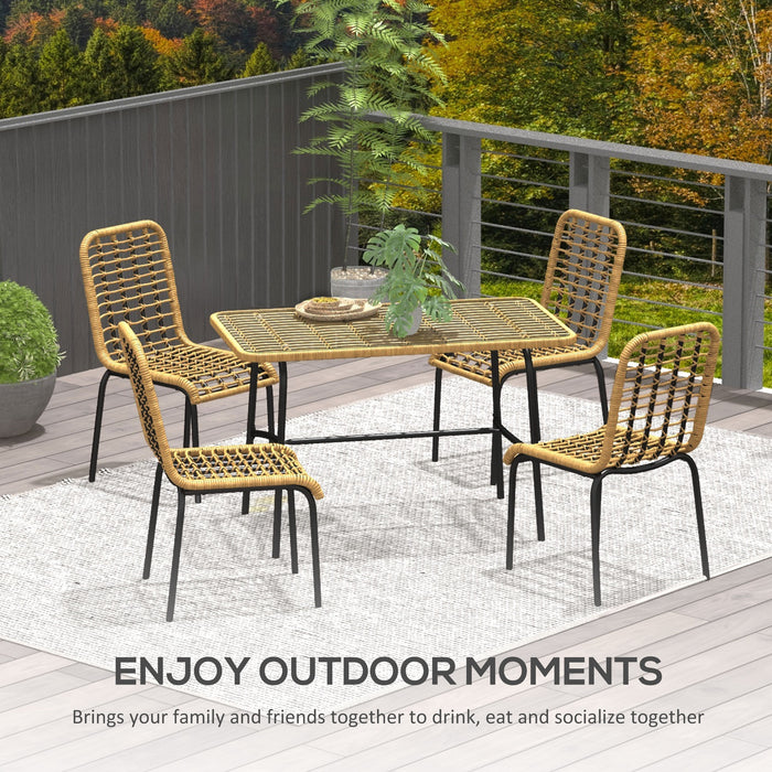 5-Piece Rattan Outdoor Dining Ensemble - Tempered Glass Tabletop with Hollowed-Out Pattern, Natural Wood Finish - Ideal for Patio and Conservatory Spaces