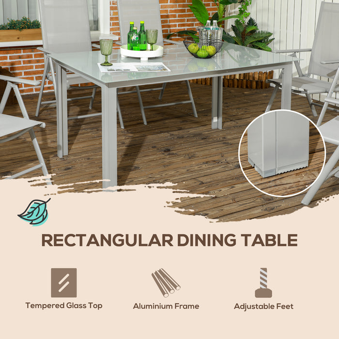 7 Piece Garden Dining Set - Aluminium Outdoor Table with Tempered Glass Top & 6 Foldable, Reclining Texteline Chairs - Perfect for Patio Entertainment and Relaxation