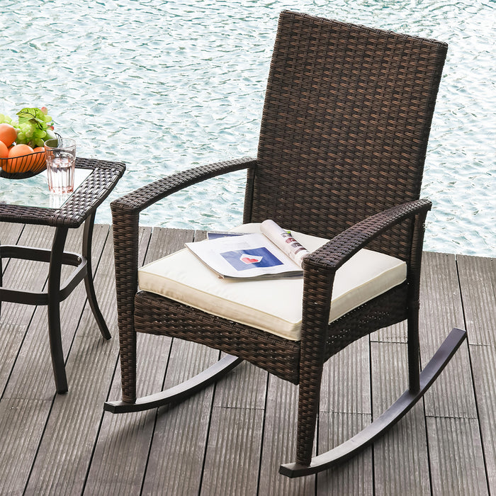 Rattan Rocking Chair - Patio Bistro Relaxer Seat with Wicker Weave and Cushion - Ideal for Garden Comfort and Outdoor Lounging, Brown