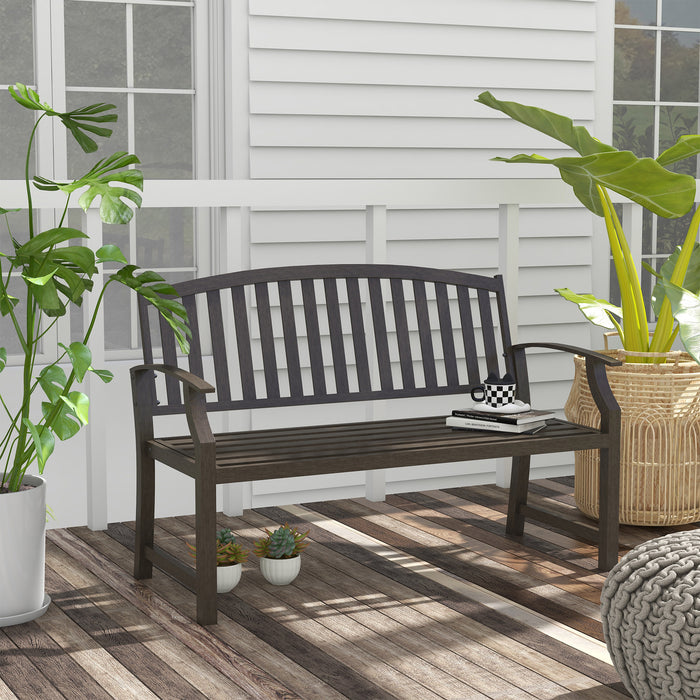 Outdoor Metal Garden Bench with Slatted Seat and Backrest - Elegant Design with Curved Armrests, Brown - Ideal for Conservatory, Poolside, or Deck Lounging