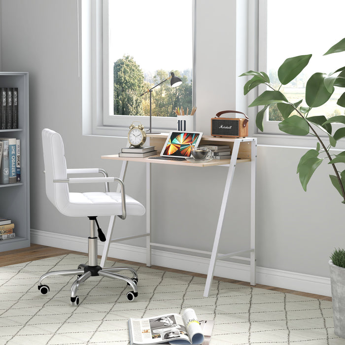 Elegant White Home Office Suite - Swivel Wheeled Faux Leather Chair & Storage Shelf Study Desk - Ideal for Remote Working and Comfortable Studying