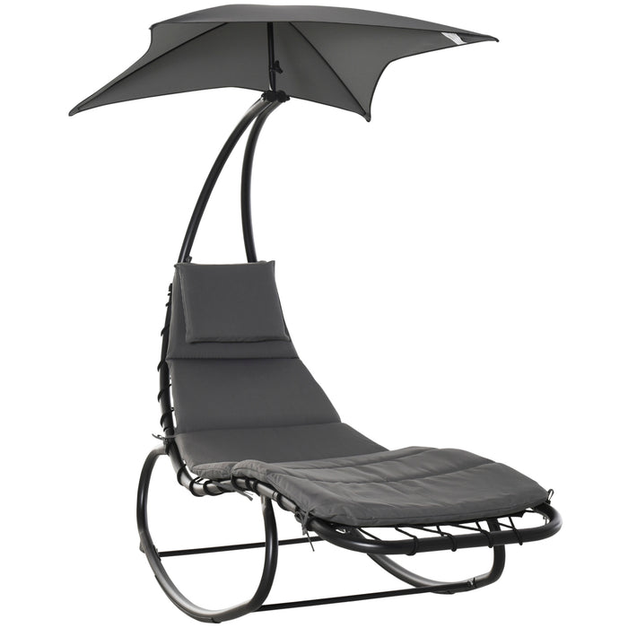 Outdoor Patio Rocking Chaise Lounge - Adjustable Sun Bed with Canopy, Cushion & Headrest Pillow - Relaxation & Comfort for Garden, Poolside or Deck Spaces