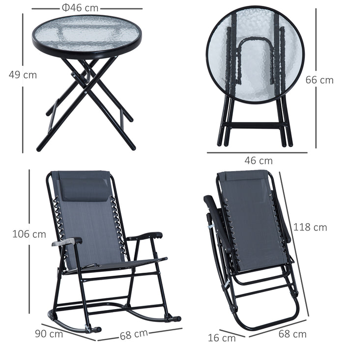 Outdoor Rocking Bistro Set - 3-Piece Patio Ensemble with 2 Folding Chairs & Tempered Glass Table - Ideal for Garden and Deck Relaxation in Grey