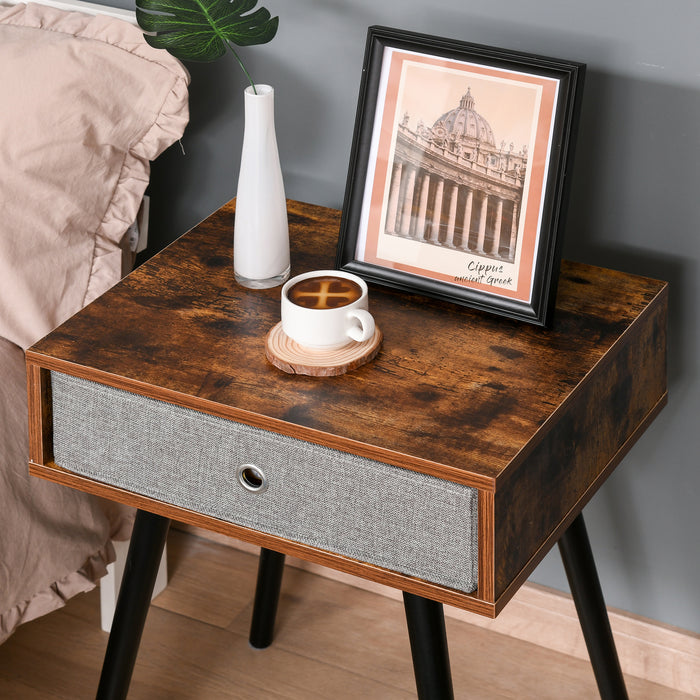 Retro Style Nightstand with Removable Fabric Drawer - Rustic Brown and Black Wooden Legged End Table - Versatile Side Table for Bedrooms & Living Spaces