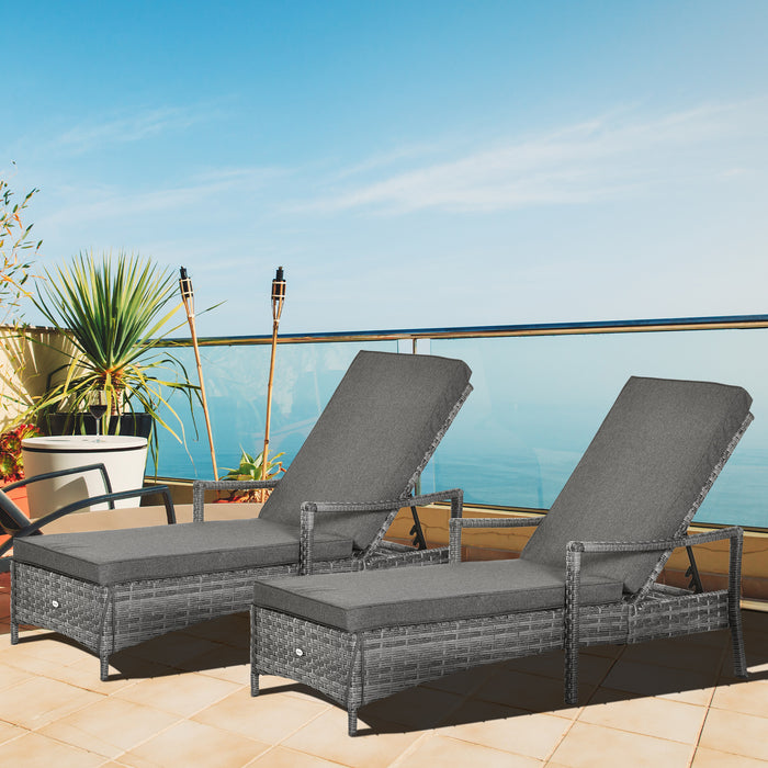 PE Rattan Sun Lounger Set of 2 with Cushions - Outdoor Garden Furniture with 4-Level Adjustable Backrest and Armrests, Grey - Ideal for Patio Relaxation and Sunbathing