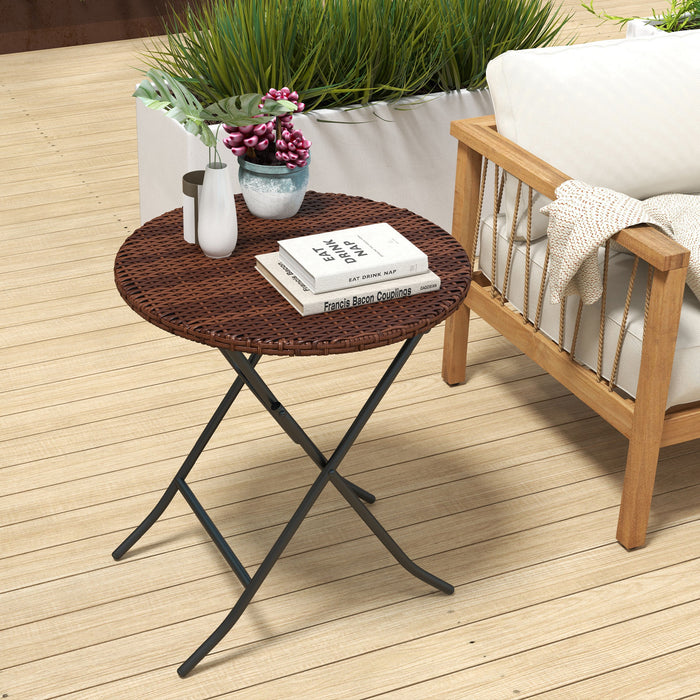 Foldable PE Rattan Coffee Table with Metal Frame - Versatile Wicker Round Side Table in Mixed Brown - Ideal for Lawn and Garden Entertaining