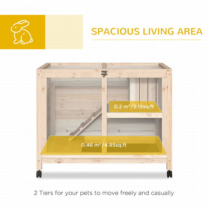 Wooden Rabbit Hutch with Wheels and Pull-Out Tray - Small Animal Enclosure for Guinea Pigs and Bunnies, Openable Roof Design - 91.5 x 53.3 x 73 cm Ideal for Pet Comfort and Easy Cleaning