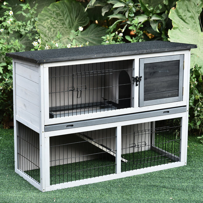 Double-Deck Small Animal Hutch - Fir Wood Construction with Slide-Out Cleaning Tray - Ideal for Rabbits & Guinea Pigs