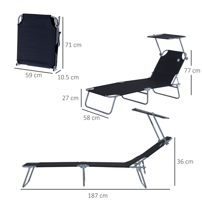 Folding Sun Lounger with Canopy - Reclining Chair for Beach & Garden, Adjustable Patio Recliner - Ideal for Outdoor Relaxation and Sun Protection (Black)