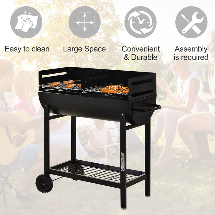 Black Charcoal BBQ Trolley with Dual Grill - Adjustable Heat-Resistant Grill Nets for Outdoors - Portable Garden Barbecue with Wheels for Easy Movement