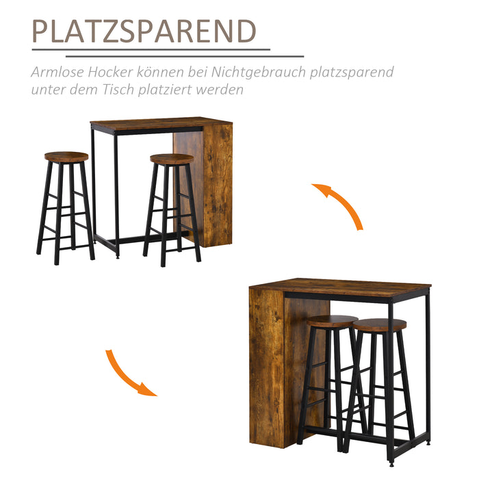 Industrial Style 3-Piece Bar Table Set - Pub Dining Ensemble with Height-Adjustable Table and 2 Stools, Storage Shelf - Ideal for Home Entertainment and Small Spaces, Rustic Brown Finish