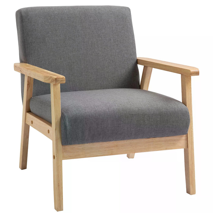 Minimalist Accent Chair with Wooden Frame - Thick Linen Cushioned, Wide-Seated Mid-Century Armchair - Perfect for Bedroom, Office, Home Elegance in Grey