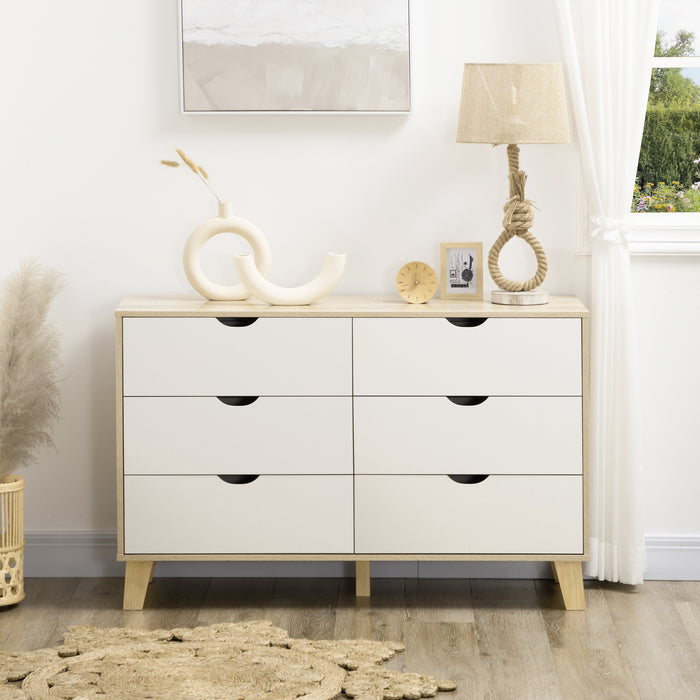 6-Drawer Wide Dresser - Bedroom & Living Room Storage Organizer with Wooden Legs - White & Light Brown Chest for Ample Space Management