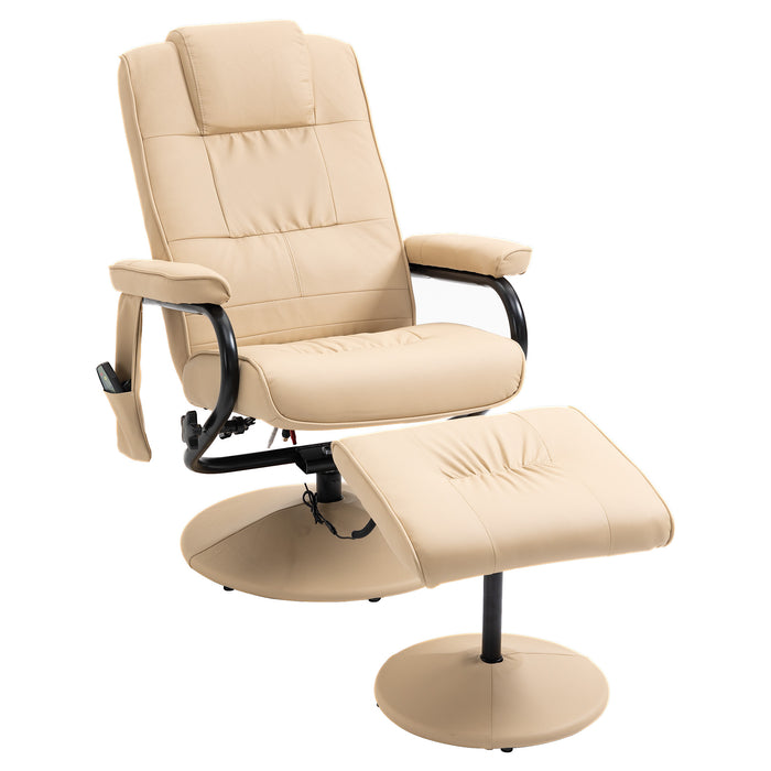 Manual Recliner Armchair & Ottoman Set - PU Leather Massage Reclining Chair, Cream - Comfortable Lounge Seating with Relaxing Massage Feature