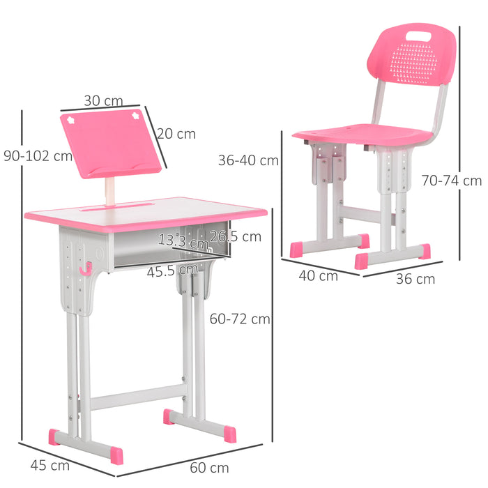 Kids Study Desk and Chair Combo - Adjustable Height, Storage Drawer, Book Stand, Cup Holder, Pen Holder - Ideal for Homework and Art Projects