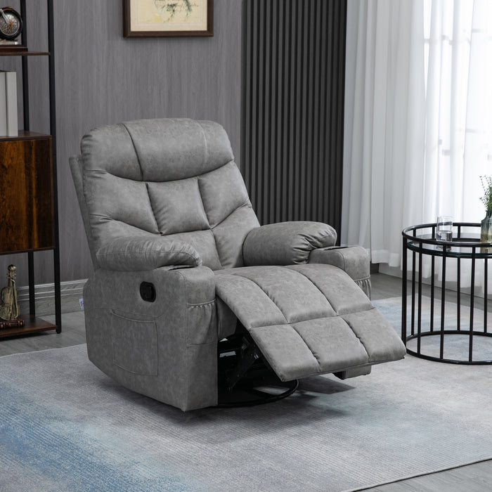 Manual Reclining Armchair with Footrest and Cup Holders - Faux Leather Comfortable Lounger - Ideal for Relaxation and Home Theater Seating, Grey, 86x93x102 cm