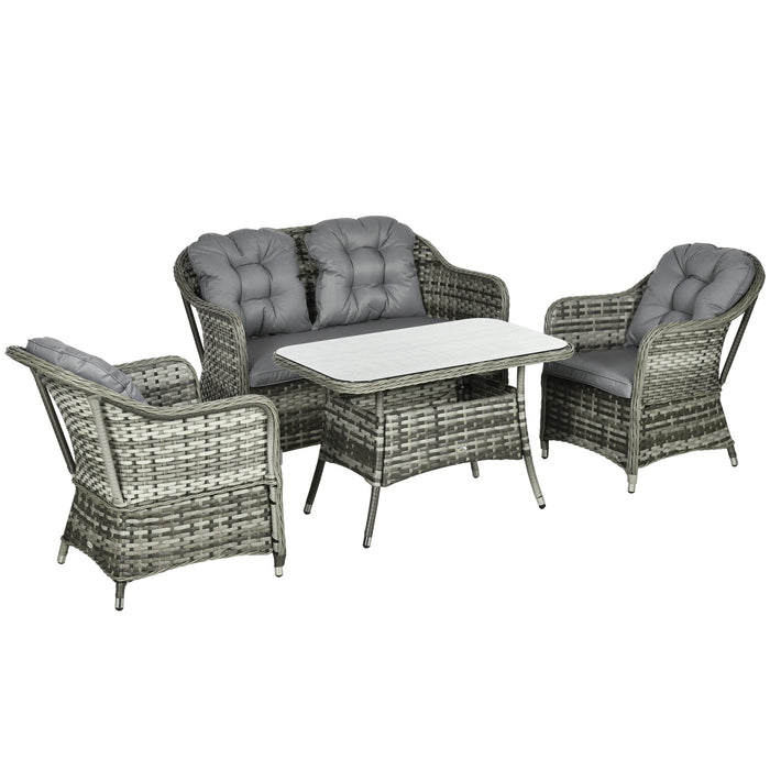 Outdoor PE Rattan Set - 4-Piece Patio Wicker Conversation Sofa with Padded Cushions & Tempered Glass Top Table - Ideal for Garden Entertaining and Relaxation