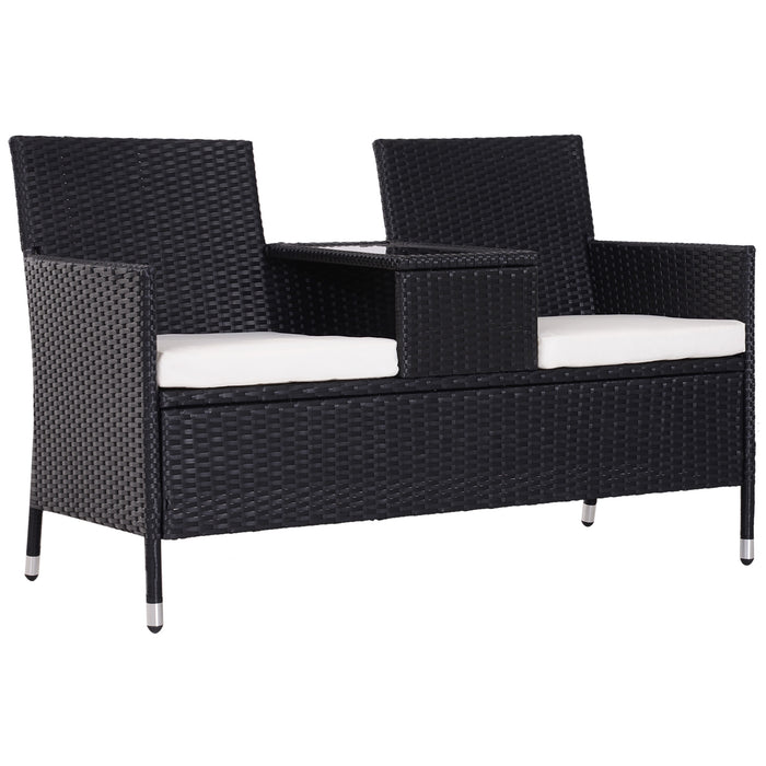 Garden Rattan Companion Bench - 2-Seater Wicker Love Seat with Cushions - Ideal for Patio & Outdoor Seating (Black)