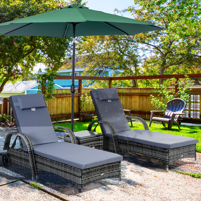 3-Piece Rattan Sun Lounger Set - Adjustable Wicker Reclining Chairs with Cushions and Wheeled Design - Ideal for Garden Relaxation and Patio Comfort