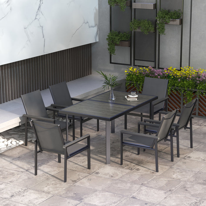 7-Piece Patio Dining Ensemble - Glass-Top Table & Breathable Mesh Fabric Chairs with Composite Wood Armrests - Ideal for Outdoor Feasts and Relaxation