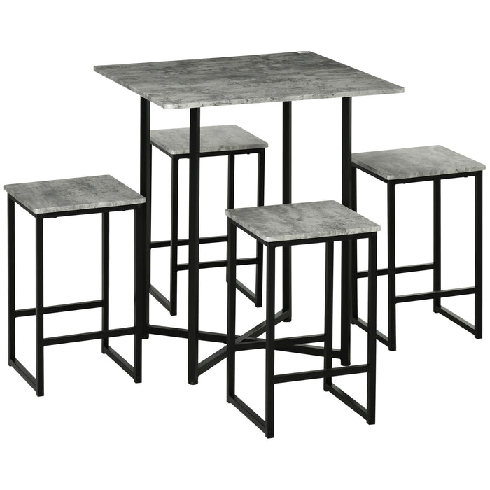 Concrete-Effect Square Bar Table Set with Stools - 5-Piece Kitchen Dining Combo for 4, Steel Frame & Footrest - Ideal for Small Spaces and Casual Meals