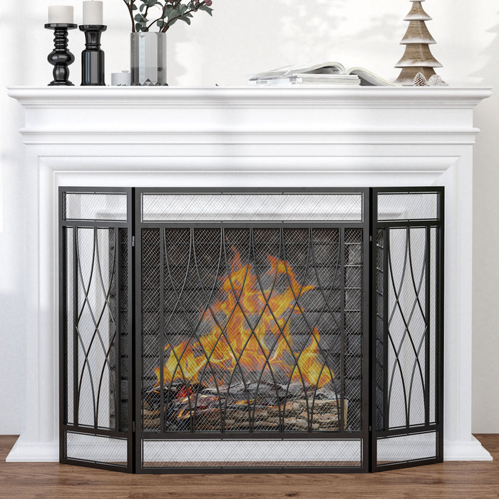 Metal Mesh Fire Spark Guard - 3-Panel Folding Fireplace Screen, 126x3x80cm in Black - Safety Accessory for Home & Hearth