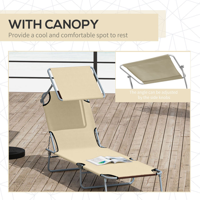 Folding Sun Lounger with Recline and Awning - Beach and Garden Patio Chair, Beige, Adjustable Comfort - Perfect for Outdoor Relaxation and Sunbathing