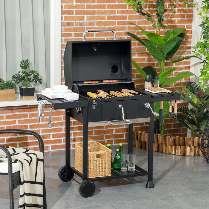 Adjustable Charcoal Grill with Built-in Thermometer - Durable BBQ with Warming Shelf - Perfect for Outdoor Cooking & Entertaining