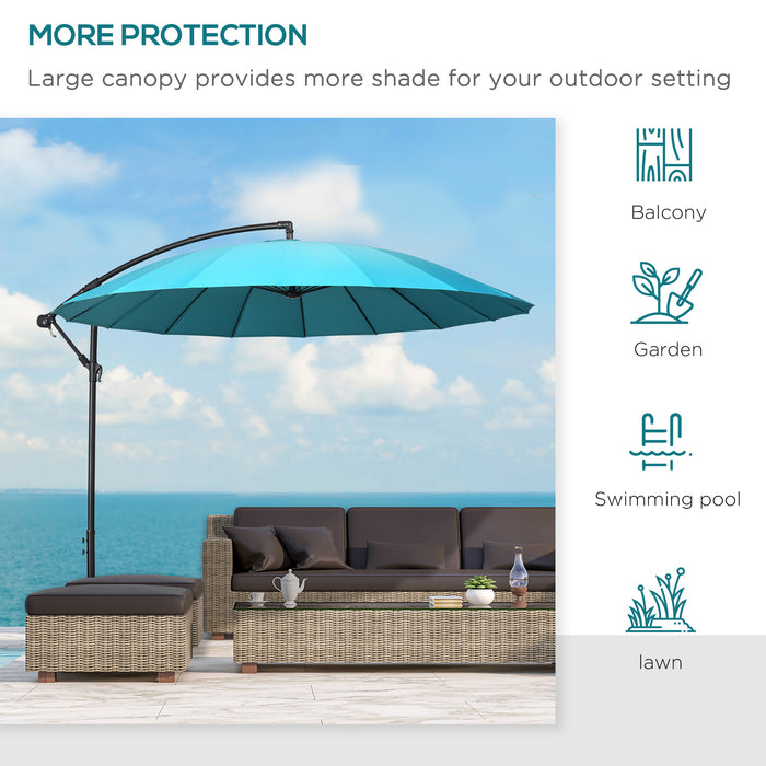 Cantilever Shanghai Parasol - 3m Outdoor Hanging Banana Sun Umbrella with Easy Crank Handle, 18-Sturdy Ribs, Cross Base - Ideal for Garden Shade & Sun Protection, Turquoise