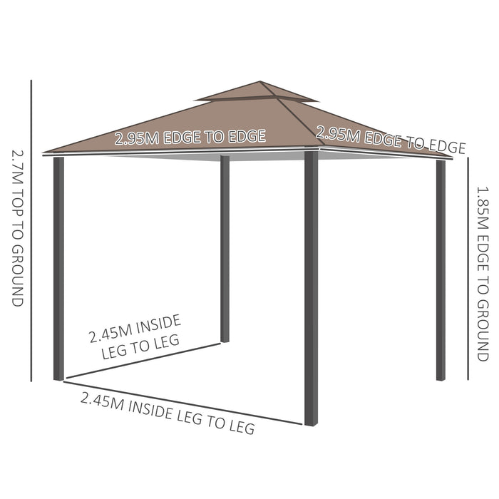 Metal Garden Gazebo 3x3m - Square Canopy Shelter with Mesh for Outdoor Parties and Weddings, Brown - Elegant Shade and Bug Protection for Events