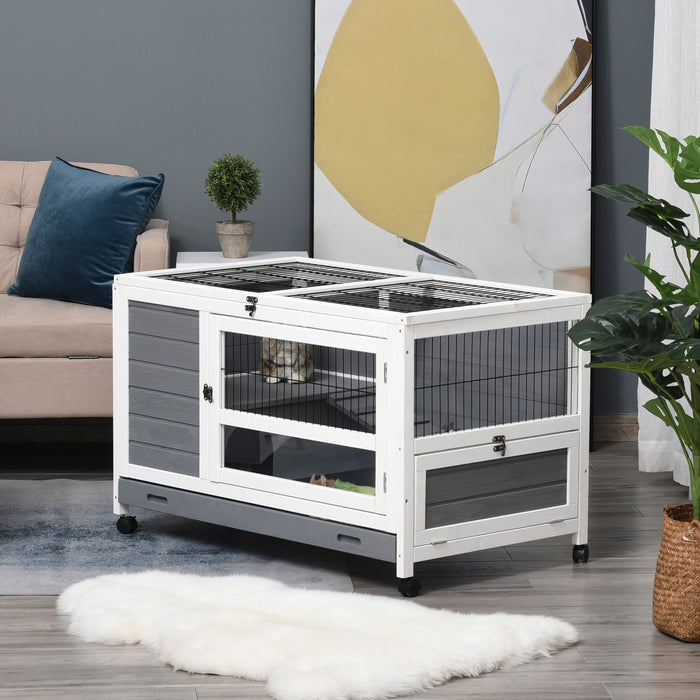 Elevated Wooden Rabbit Hutch - Bunny Cage with Easy Clean Slide-Out Tray for Pets, Indoor Use - Stylish Grey Home for Rabbits