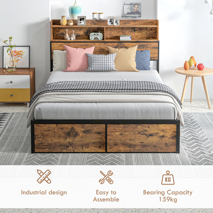 Double Industrial Bed Frame with Storage - 4.8FT Steel Base, Headboard, and Footboard - Ideal for Maximizing Bedroom Space, Rustic Brown, 145x209cm