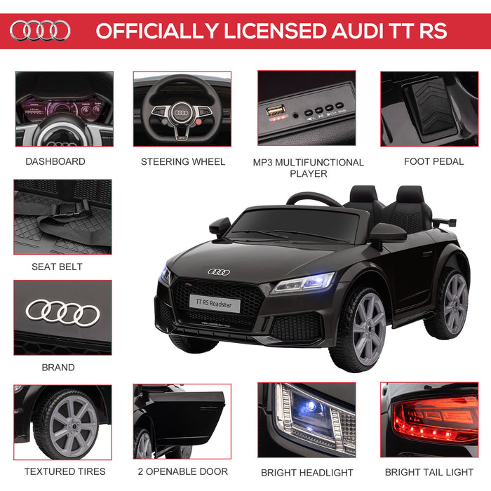 Audi TT RS Kids Electric Ride-On Car - 12V Battery, Remote Control, LED Lights, MP3 Player, Horn, Seatbelt - Black Safety & Fun for Children