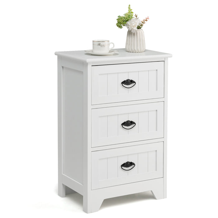 Vintage 3-Tier Nightstand - White Bedside Table with Elegant Metal Handles - Ideal for Bedroom Storage and Decor