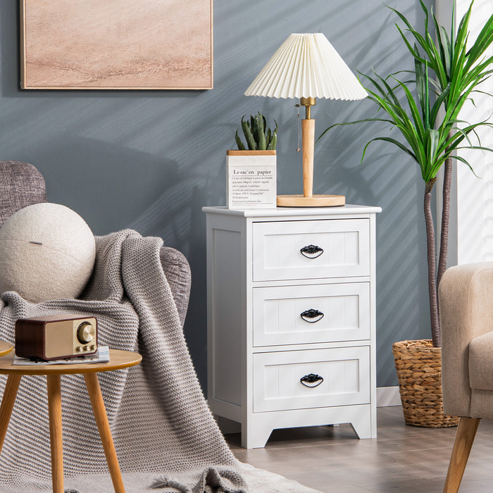 Vintage 3-Tier Nightstand - White Bedside Table with Elegant Metal Handles - Ideal for Bedroom Storage and Decor