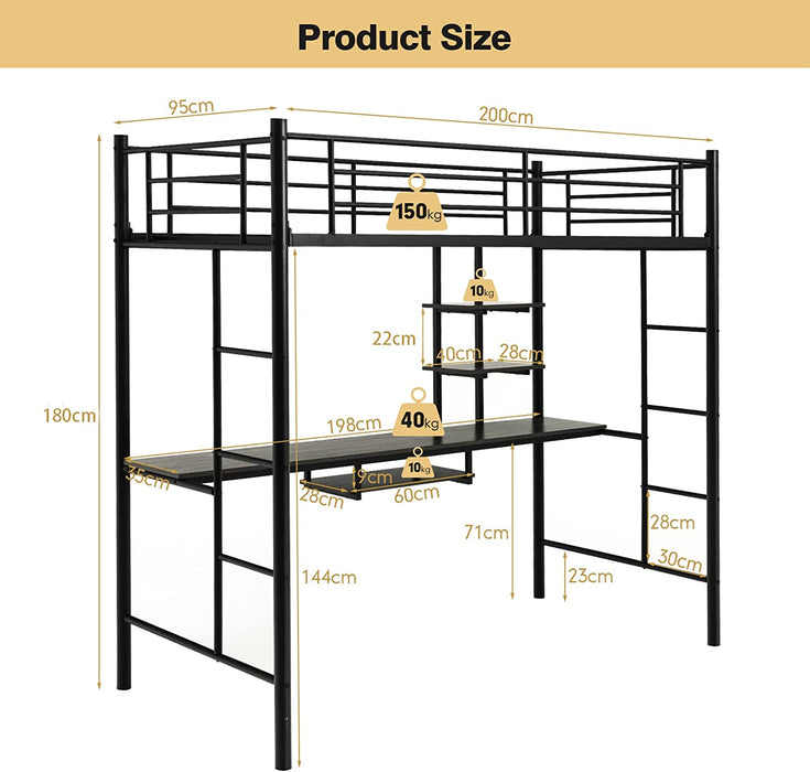 High Sleeper Metal Bunk Bed Frame - With Desk and Storage Shelves, Silver Accommodation - Perfect for Kids, Saving Space Solution