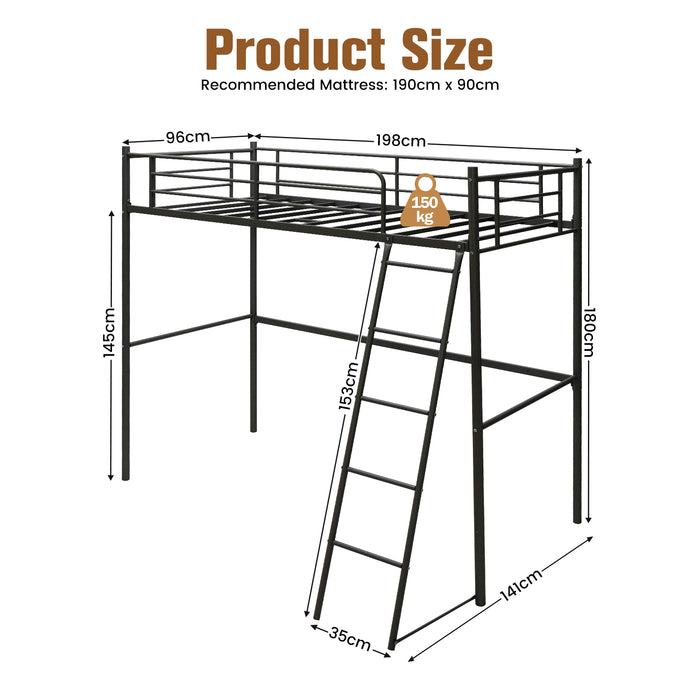 Metal Loft Bed - Integrated Ladder, Full-Length Guardrails in Black - Ideal for Space-Saving Sleeping Solution